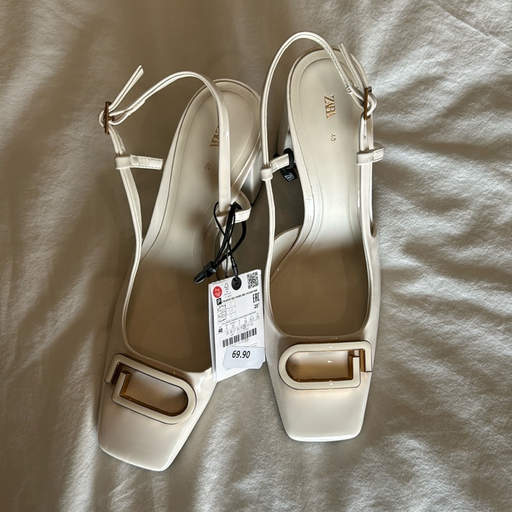 NWT- Zara- Embellished Block Heel Slingback Shoes- Off White
